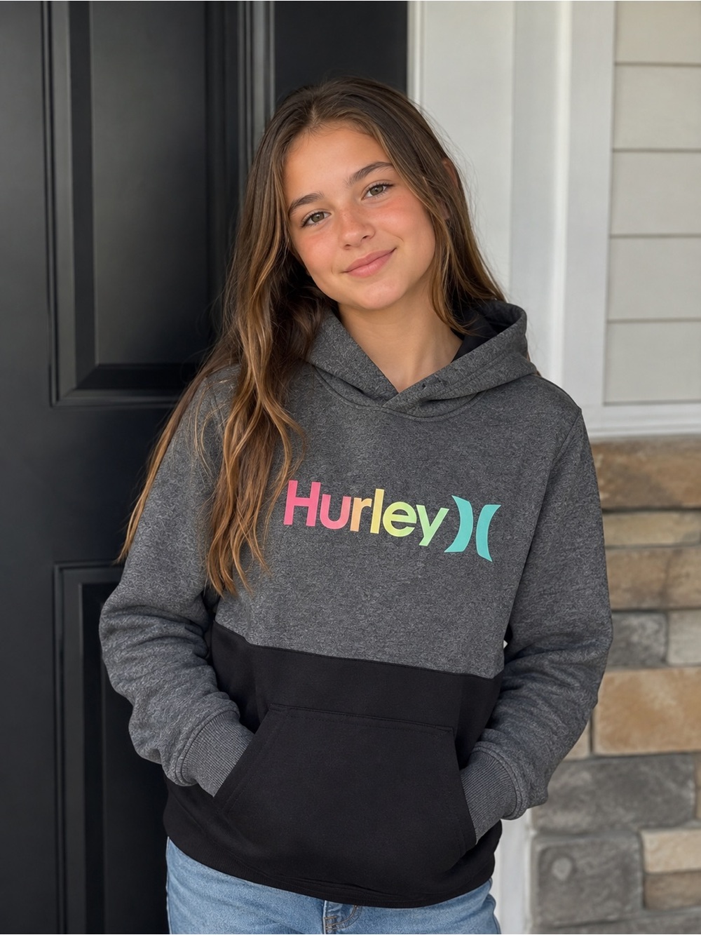 Hurley Gray & Black Colorblock Kids Hoodie with Multicolor Logo